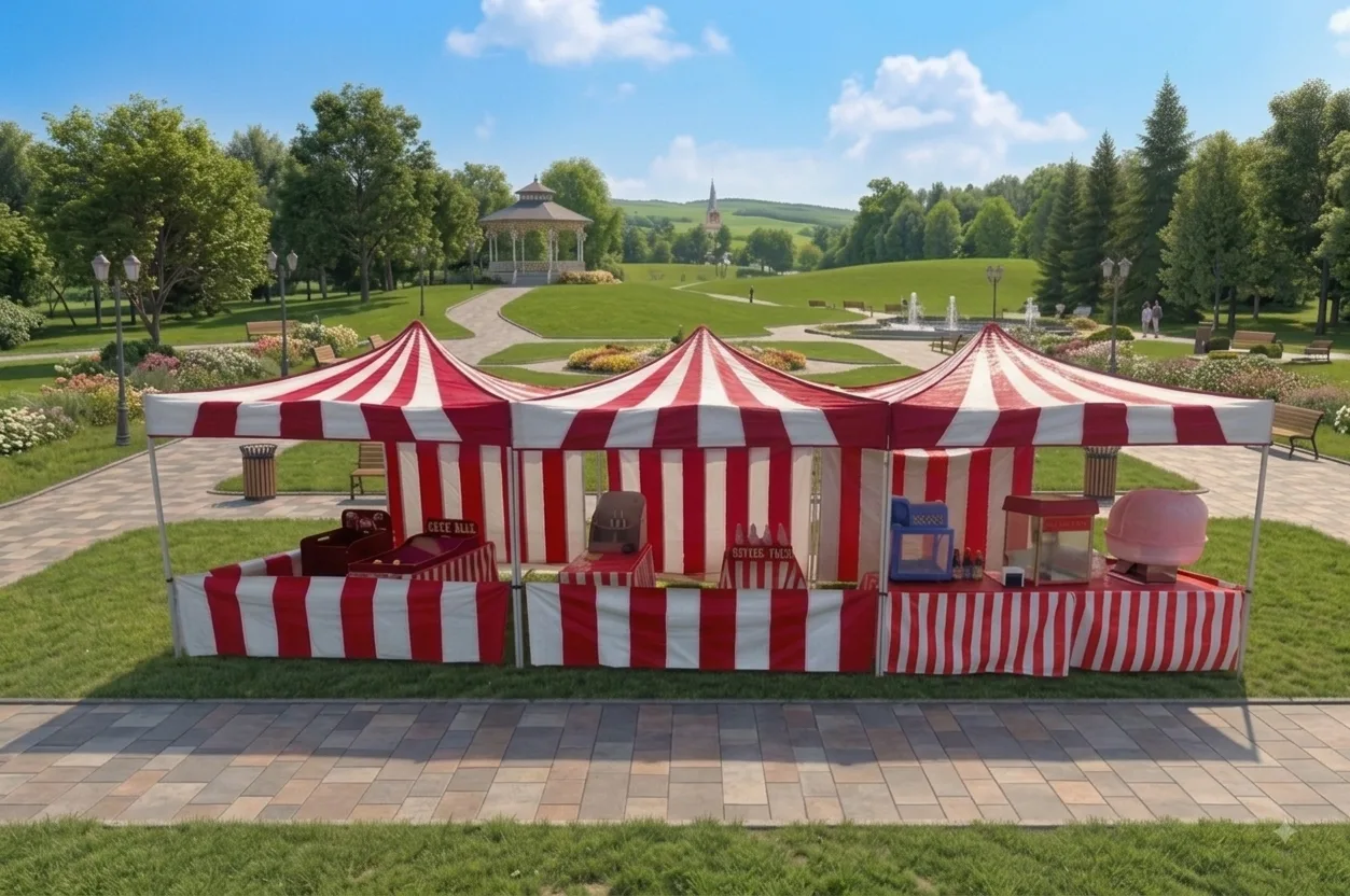 Backyard carnival birthday party in San Diego County — red-and-white striped booths, games, and concessions set up in a park