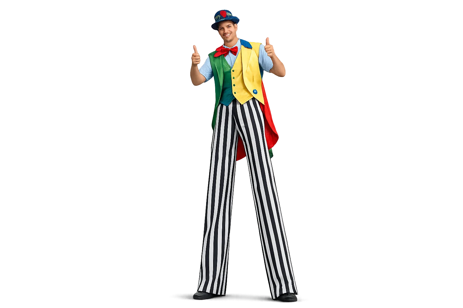 A stilt walker in a tall striped costume posing with families near an outdoor event entrance
