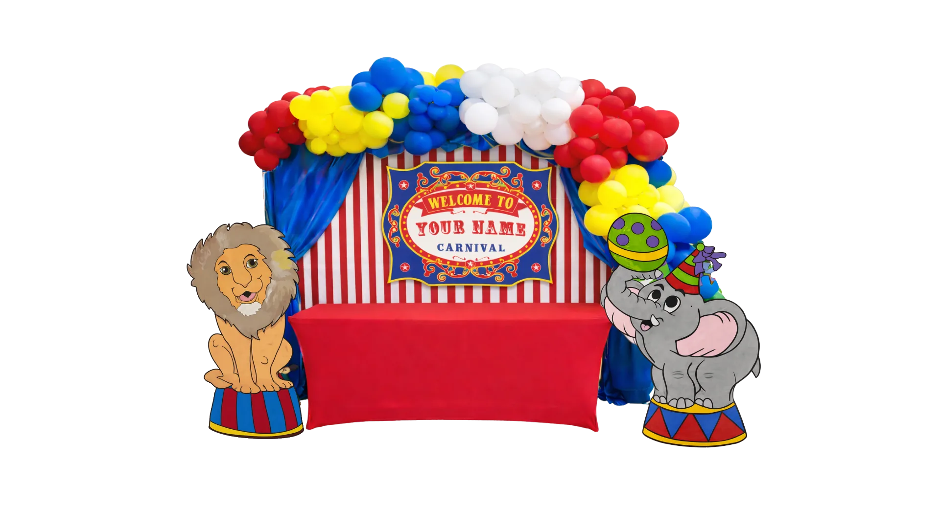 A themed entrance archway with a coordinated balloon garland framing a doorway at a carnival event, pennants and signage visible past the entrance in Carlsbad, CA
